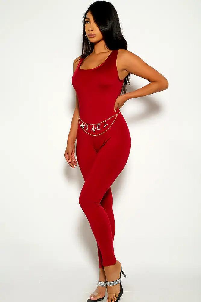 Wine Sleeveless Casual Jumpsuit - AMIClubwear