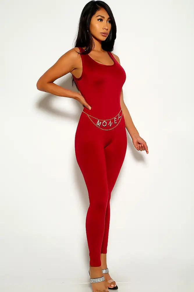 Wine Sleeveless Casual Jumpsuit - AMIClubwear