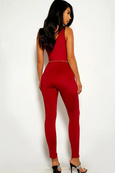 Wine Sleeveless Casual Jumpsuit - AMIClubwear