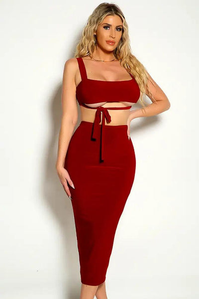 Wine Sleeveless Cropped Two Piece Dress - AMIClubwear