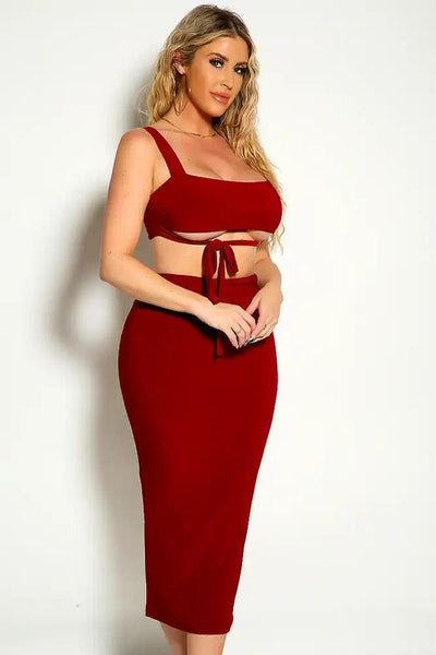 Wine Sleeveless Cropped Two Piece Dress - AMIClubwear