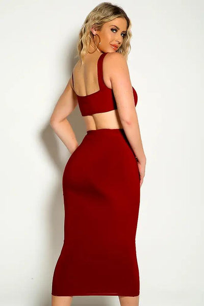 Wine Sleeveless Cropped Two Piece Dress - AMIClubwear