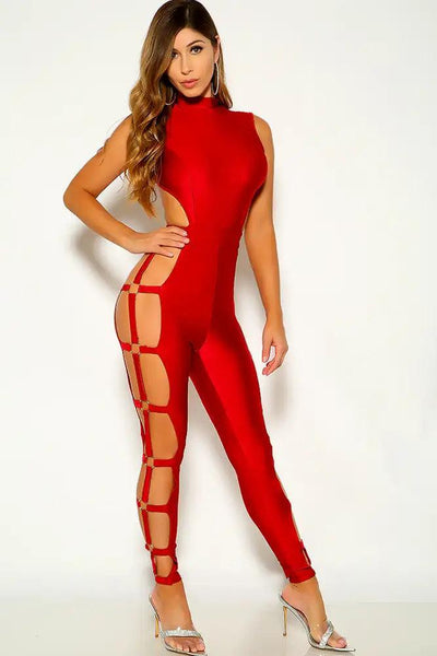 Wine Sleeveless Cut Out O-Ring Jumpsuit - AMIClubwear