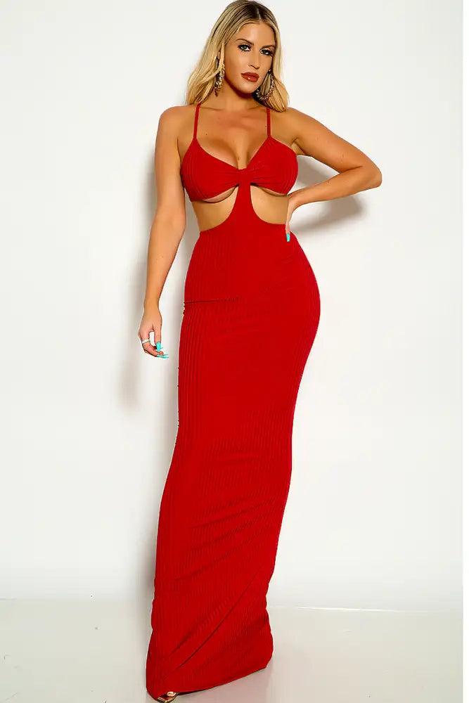 Wine Sleeveless Cut Out Ribbed Maxi Dress - AMIClubwear