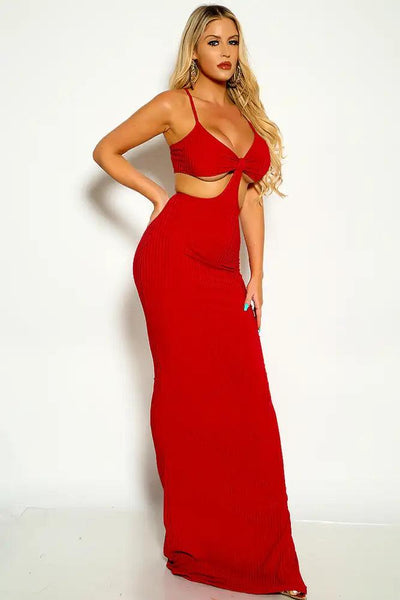 Wine Sleeveless Cut Out Ribbed Maxi Dress - AMIClubwear