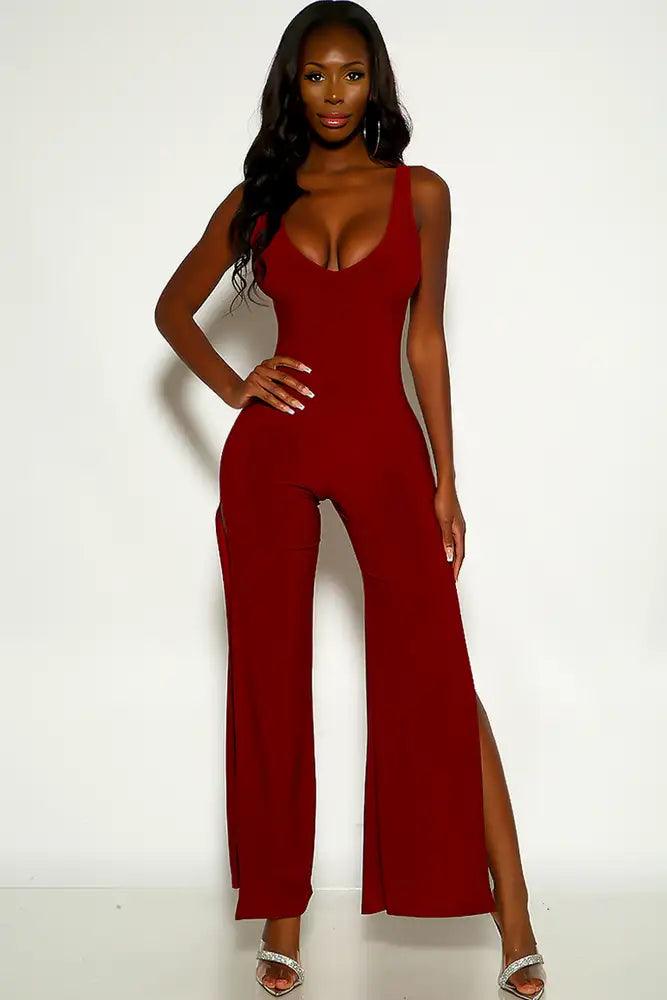 Wine Sleeveless Double Slit Jumpsuit - AMIClubwear