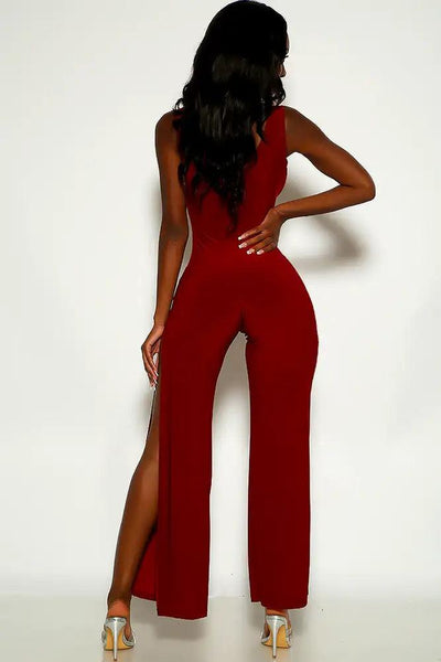 Wine Sleeveless Double Slit Jumpsuit - AMIClubwear