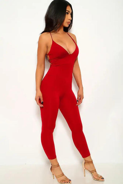 Wine Sleeveless Lace Up Jumpsuit - AMIClubwear