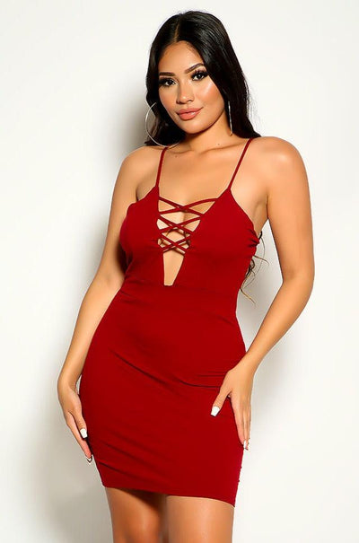 Wine Sleeveless Plunging Neckline Crossed Straps Sexy Party Dress - AMIClubwear