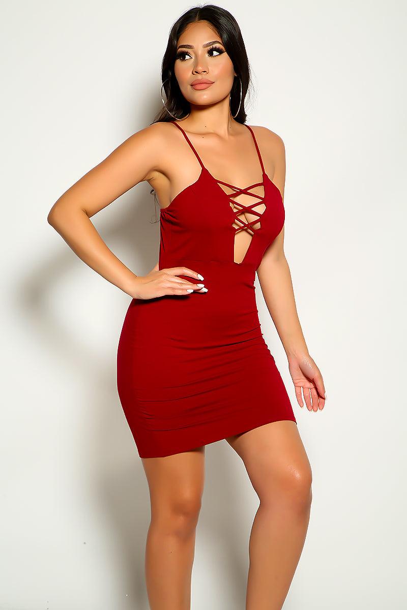 Wine Sleeveless Plunging Neckline Crossed Straps Sexy Party Dress - AMIClubwear