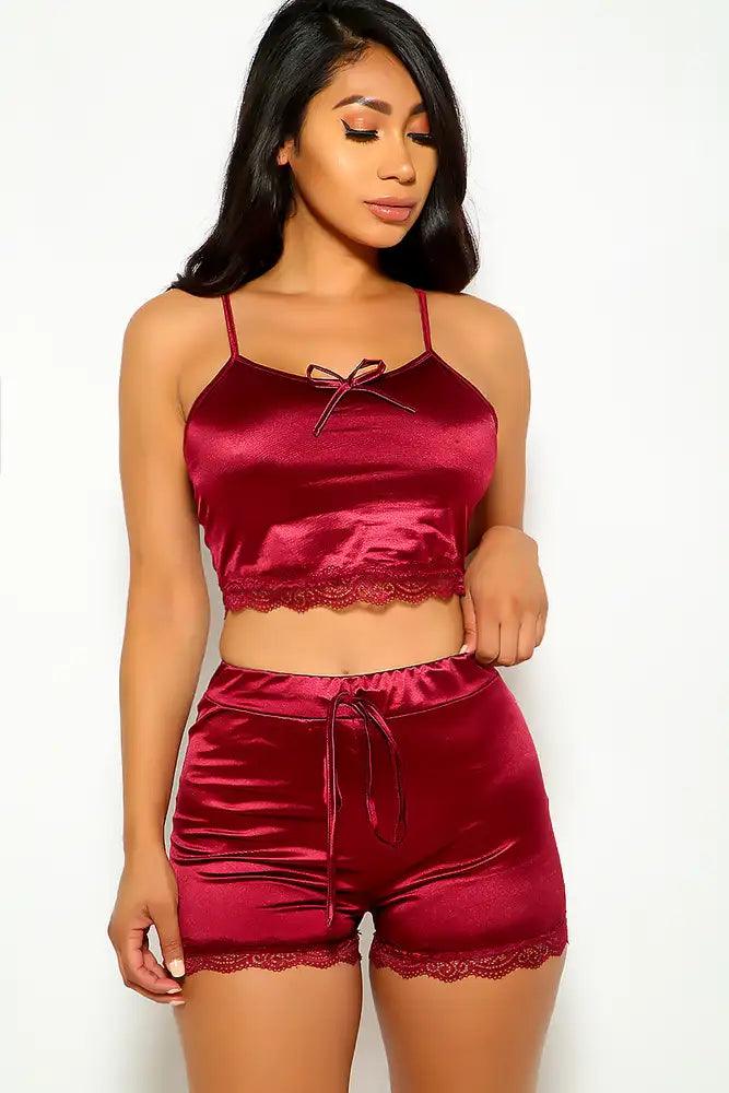 Wine Sleeveless Satin Two Piece Outfit - AMIClubwear