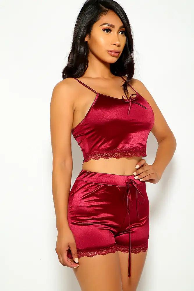 Wine Sleeveless Satin Two Piece Outfit - AMIClubwear