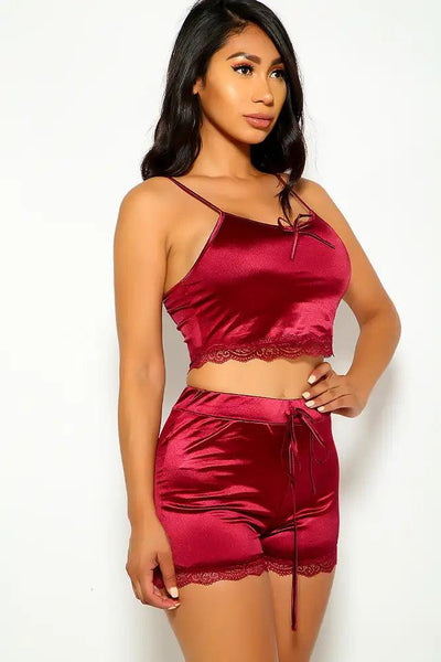 Wine Sleeveless Satin Two Piece Outfit - AMIClubwear