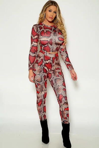 Wine Snake Print Long Sleeve Two Piece Outfit - AMIClubwear
