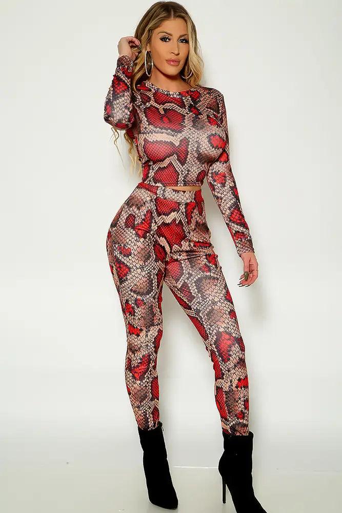 Wine Snake Print Long Sleeve Two Piece Outfit - AMIClubwear