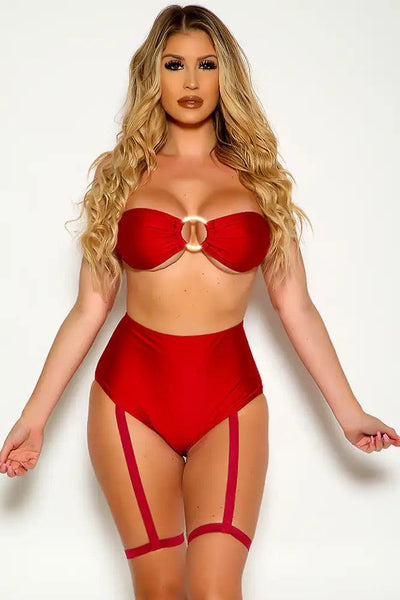 Wine Strapless Bandeau O-Ring High Waist Garter Two Piece Swimsuit - AMIClubwear