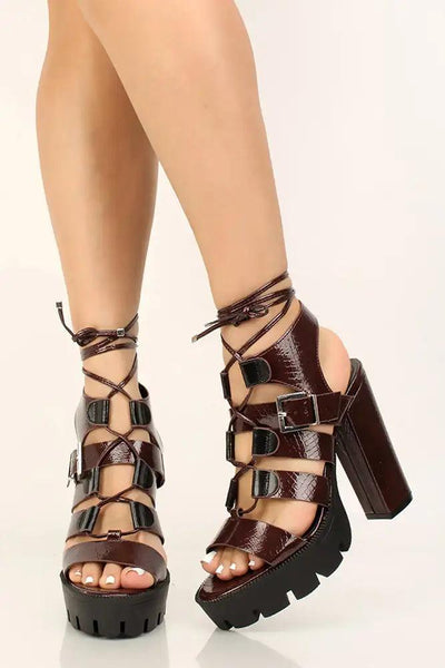 Wine Strappy Open Toe Chunky High Heels - AMIClubwear