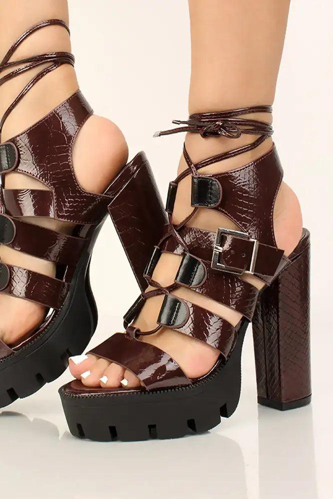 Wine Strappy Open Toe Chunky High Heels - AMIClubwear