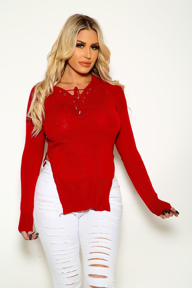 Wine V-Cut Knitted Double Slit Long Sleeve Sweater - AMIClubwear