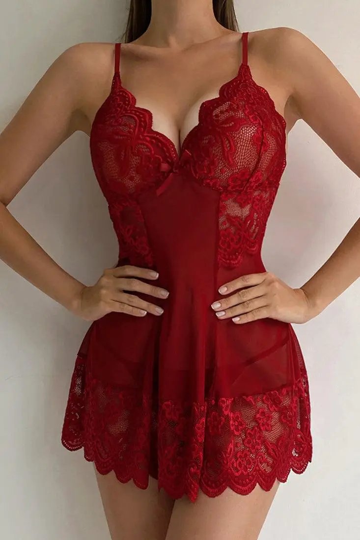 Wine Wavy Hem Sheer Mesh Sleeveless Lingerie Slip Dress