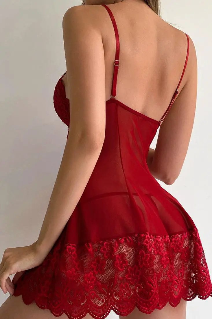 Wine Wavy Hem Sheer Mesh Sleeveless Lingerie Slip Dress