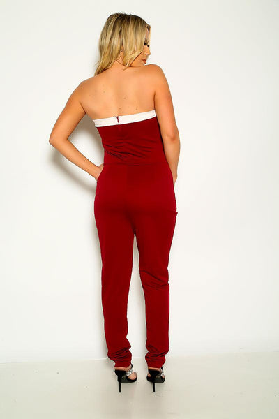 Wine White Sexy Tube Zip Up Jumpsuit - AMIClubwear