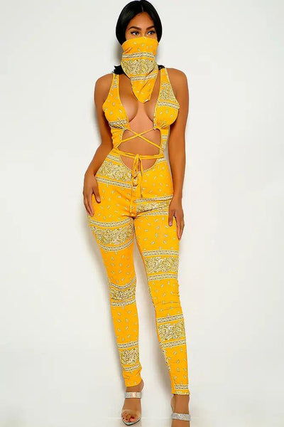 Yellow Bandana Print Strappy Jumpsuit - AMIClubwear