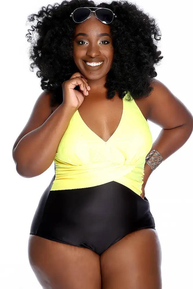 Yellow Black Criss Cross Center Modest One Piece Swimsuit Plus - AMIClubwear