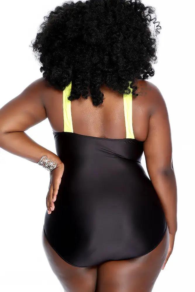 Yellow Black Criss Cross Center Modest One Piece Swimsuit Plus - AMIClubwear