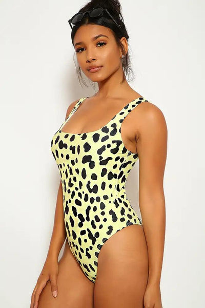 Yellow Black Leopard Animal Print One Piece Swimsuit - AMIClubwear