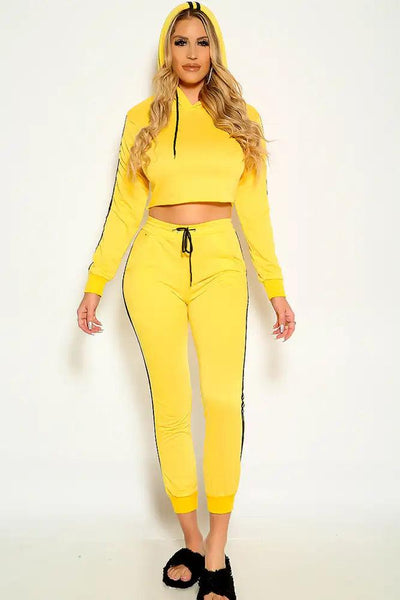 Yellow Black Long Sleeve Hooded Two Tone Lounge Wear Two Piece Outfit - AMIClubwear