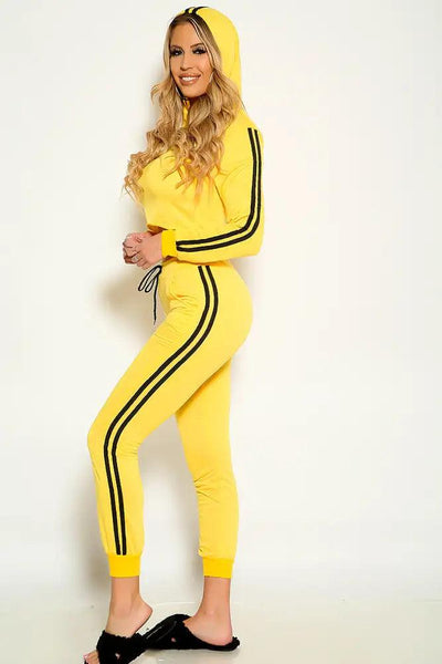 Yellow Black Long Sleeve Hooded Two Tone Lounge Wear Two Piece Outfit - AMIClubwear