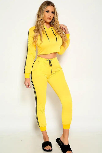 Yellow Black Long Sleeve Hooded Two Tone Lounge Wear Two Piece Outfit - AMIClubwear