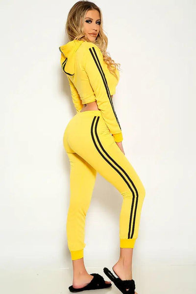 Yellow Black Long Sleeve Hooded Two Tone Lounge Wear Two Piece Outfit - AMIClubwear