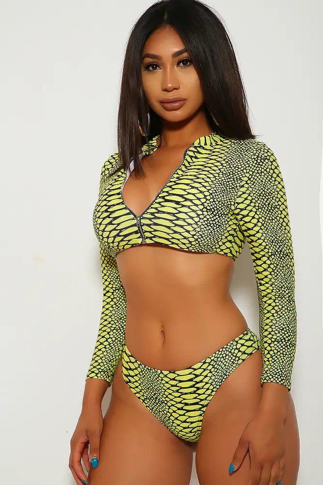 Yellow Black Reptile Long Sleeves Two Piece Swimsuit - AMIClubwear