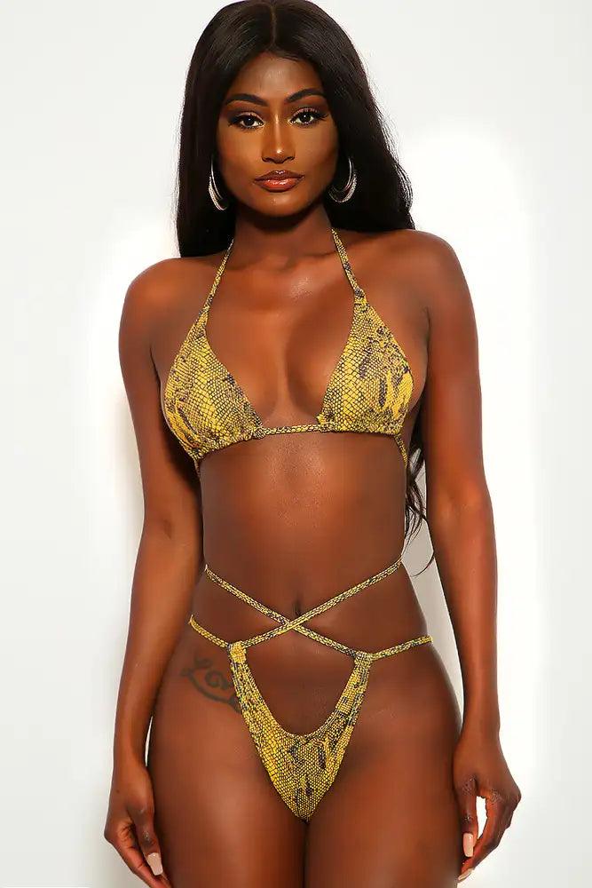 Yellow Black Snake Print Strappy Two Piece Swimsuit - AMIClubwear