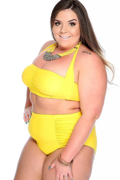 Yellow Bold Halter Top Ruched High Waist Two Piece Swimsuit Plus - AMIClubwear