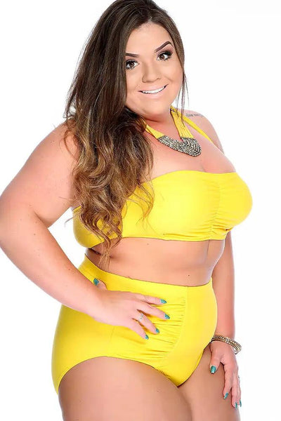 Yellow Bold Halter Top Ruched High Waist Two Piece Swimsuit Plus - AMIClubwear