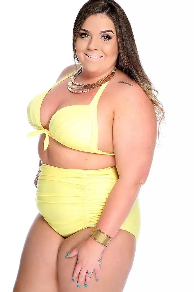 Yellow Bold Pleated Halter Ruched High Waisted Two Piece Swimsuit Plus - AMIClubwear