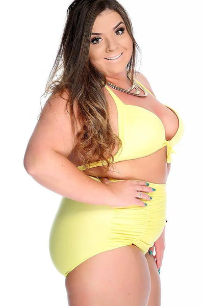 Yellow Bold Pleated Halter Ruched High Waisted Two Piece Swimsuit Plus - AMIClubwear