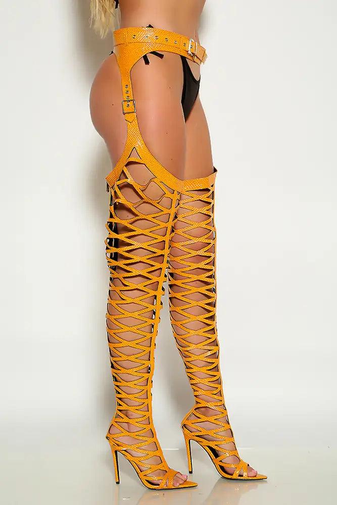Yellow Caged Belted Thigh High Heel Chap Boots - AMIClubwear