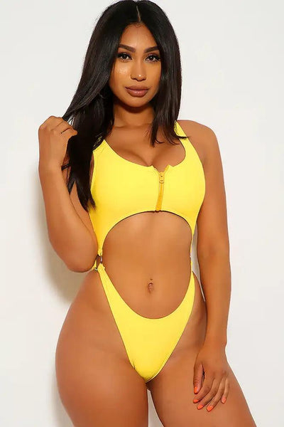 Yellow Cut Out Front Zipper One Piece Swimsuit - AMIClubwear