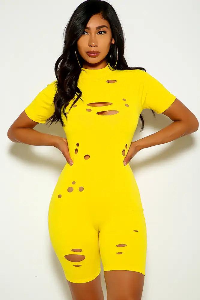 Yellow Cut Out Short Sleeve Romper - AMIClubwear