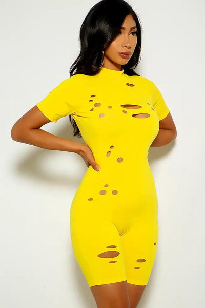 Yellow Cut Out Short Sleeve Romper - AMIClubwear