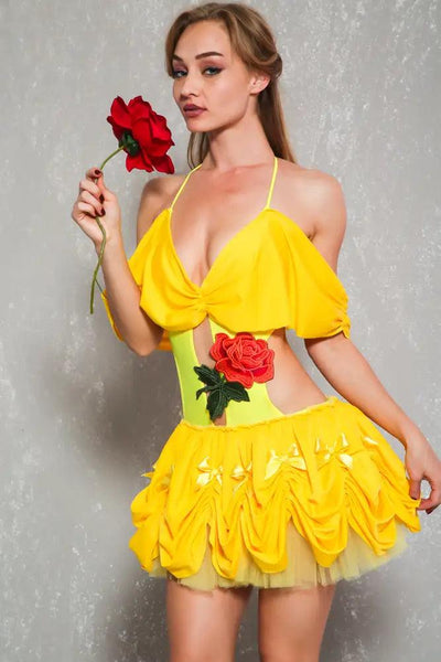 Yellow Floral Embroidered Sexy Bella One Piece Costume - AMIClubwear