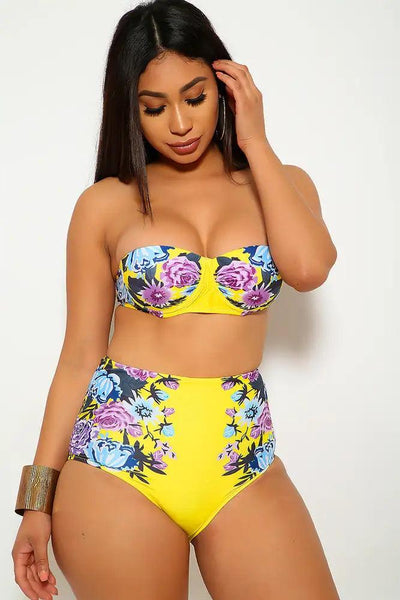 Yellow Floral Print High Waist Swimsuit - AMIClubwear