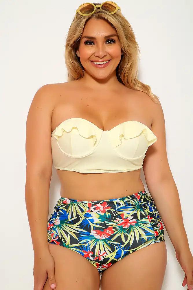 Yellow Floral Print Plus Size Two Piece Swimsuit - AMIClubwear