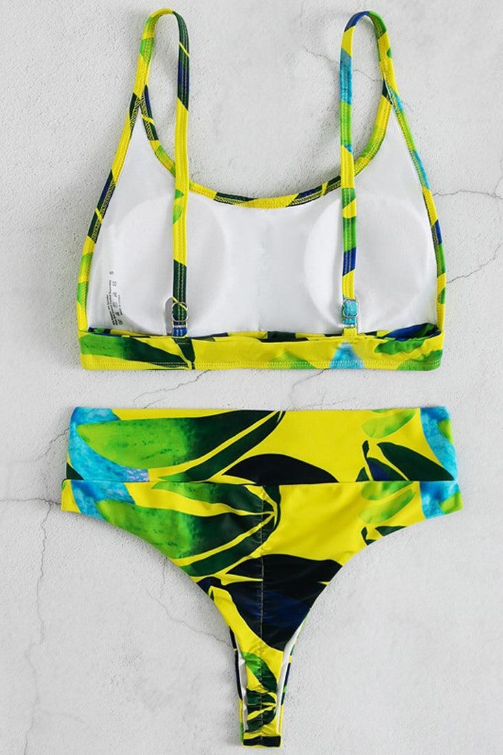 Yellow Floral Print Two Tone Two Piece Swimsuit - AMIClubwear