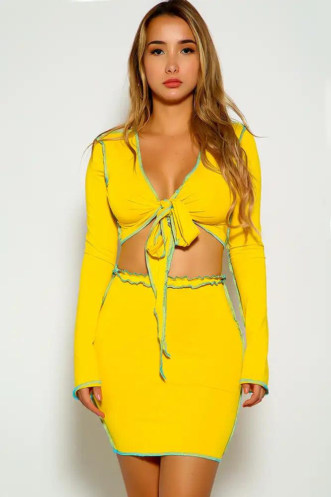 Yellow Front Tie Two Piece Dress - AMIClubwear