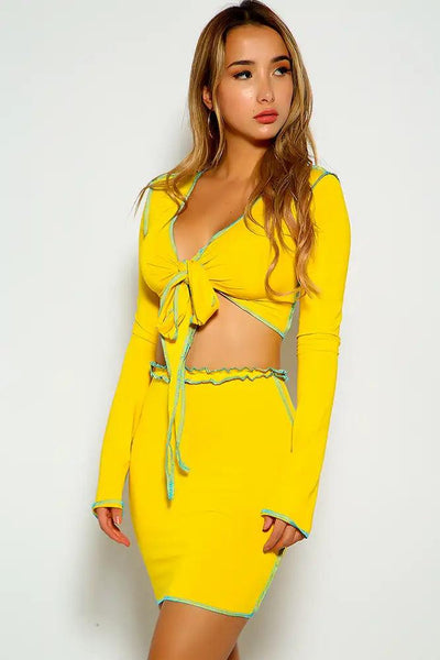 Yellow Front Tie Two Piece Dress - AMIClubwear